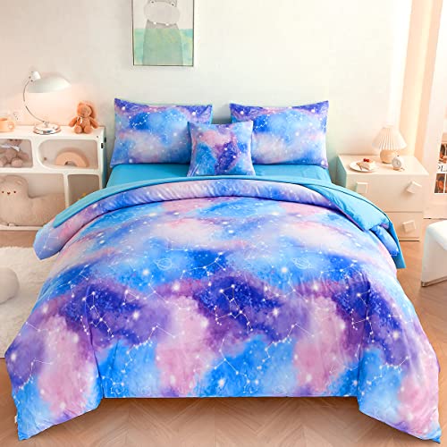 ASKOTU Galaxy Twin Comforter Set for Girls, Tie Dye Blue Purple Ombre 6 Piece Bed in a Bag Kids Bedding Sets with Sheets